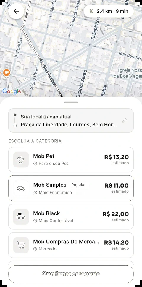 App do passageiro da Bhmob: escolha da categoria com preço estimado e rota no mapa