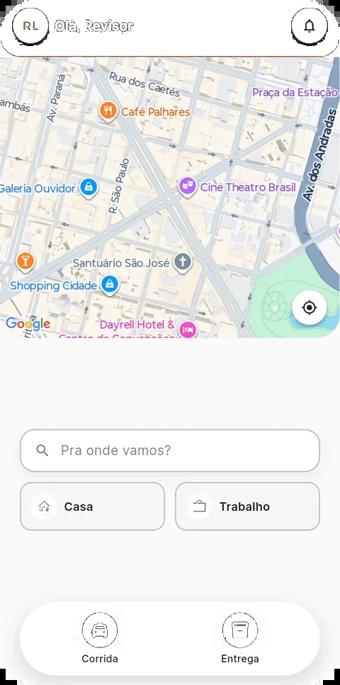 Tela inicial do app do passageiro da Bhmob com mapa da cidade, campo 